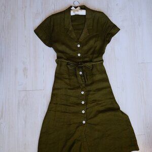Quince 100% European Linen Button Front Dress size M - Olive Green